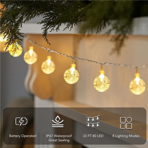 Globe Fairy String Lights 33ft 80 LED Battery Operated Waterproof Indoor Outdoor - Picture 4 of 7